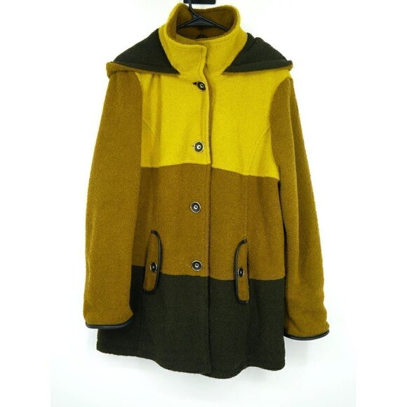 NEW Susan Graver Heavy Wool Coat with Hood Green Yellow L - Picture 1 of 3